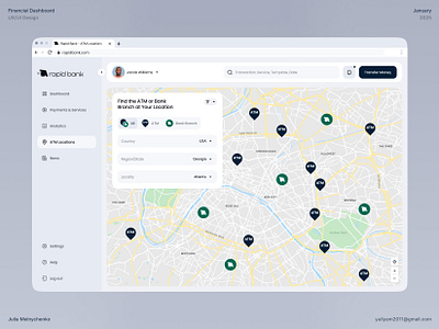 Rapid Bank - Financial Dashboard #3 analytics atm banking app crm dashboard ui digital banking filtering filters finance finance dashboard fintech fintech platform location locator map product design uxui web design