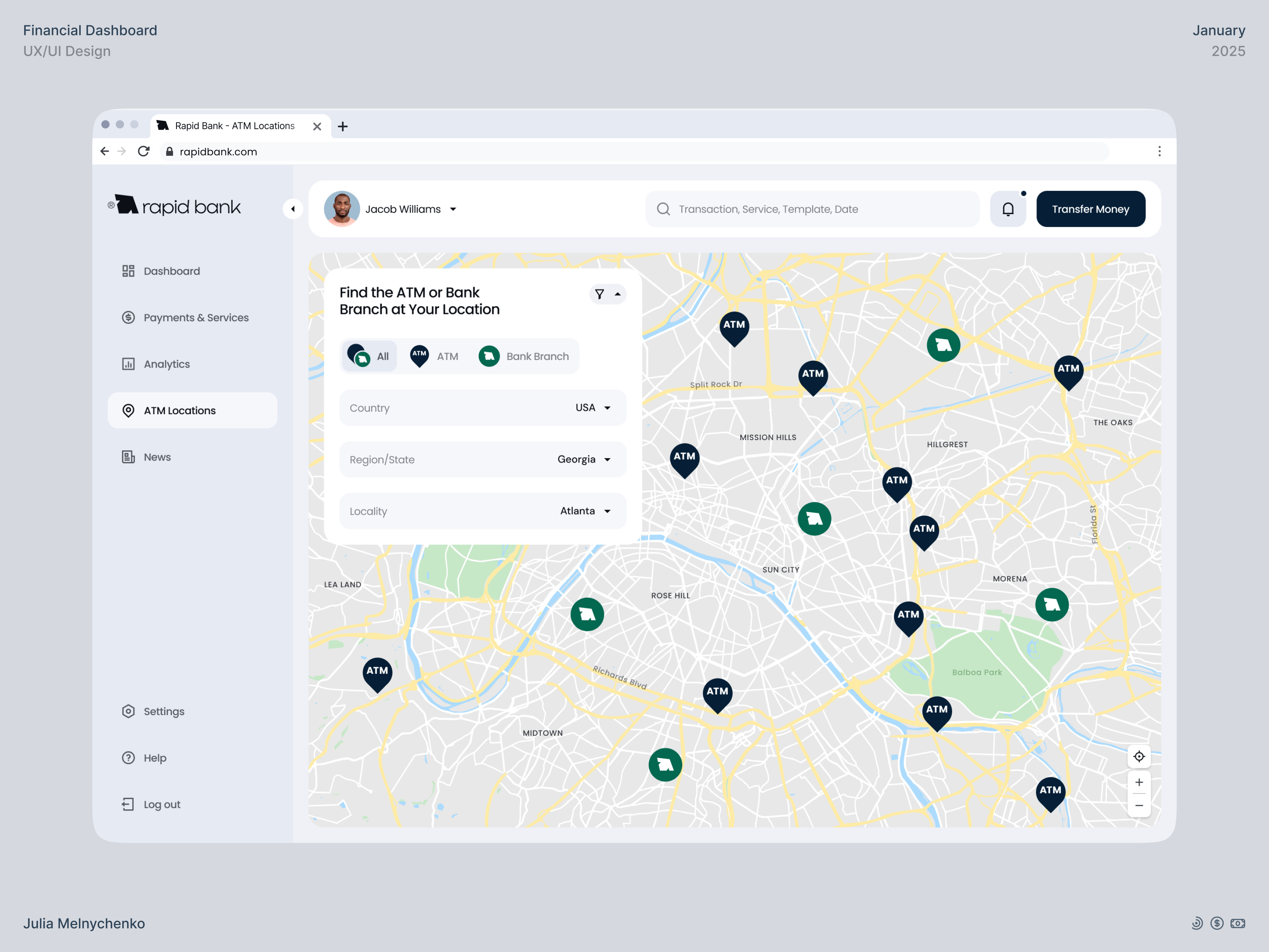 Rapid Bank - Financial Dashboard #3 analytics atm banking app crm dashboard ui digital banking filtering filters finance finance dashboard fintech fintech platform location locator map product design uxui web design