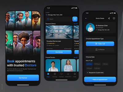 Doctor Booking App app design concept dark mode design doctor app doctor booking figma healthcare app online doctor booking telemedicine ui