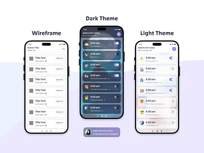 App UI𝗪𝗶𝗿𝗲𝗳𝗿𝗮𝗺𝗲, 𝗗𝗮𝗿𝗸 𝗠𝗼𝗱𝗲, 𝗟𝗶𝗴𝗵𝘁 𝗠𝗼𝗱𝗲 alarm app ui alarm mobile ui app design app mobile ui app mockup app prototype app ui dark theme app glassmorphism low fidelity wireframe mobile app mobile ui modern app ui nafisa t disha nafisa tarannum disha trending design ui ui design ux wireframe ui