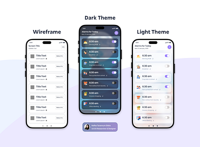 App UI𝗪𝗶𝗿𝗲𝗳𝗿𝗮𝗺𝗲, 𝗗𝗮𝗿𝗸 𝗠𝗼𝗱𝗲, 𝗟𝗶𝗴𝗵𝘁 𝗠𝗼𝗱𝗲 alarm app ui alarm mobile ui app design app mobile ui app mockup app prototype app ui dark theme app glassmorphism low fidelity wireframe mobile app mobile ui modern app ui nafisa t disha nafisa tarannum disha trending design ui ui design ux wireframe ui