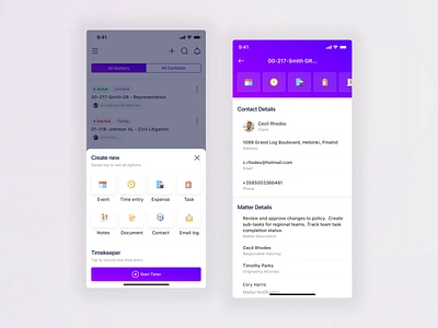 Legal App - CRM Solution agency app best branding calendar clean clio colour complex contact create crm design kyaani legal matters mobile solution ui ux