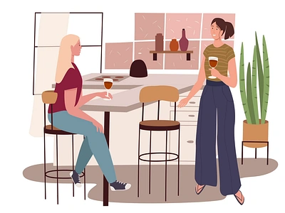 Dinner With Friend 2D Animation 2d animation conversation dinner drink eating flat food friends friendship gathering home illustration interior kitchen meals motion urban life wine women