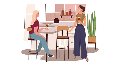 Dinner With Friend 2D Animation 2d animation conversation dinner drink eating flat food friends friendship gathering home illustration interior kitchen meals motion urban life wine women