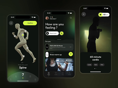 Wellness Tracker UI: Pain & Progress in Sync 🏃‍♂️ appdesign cleandesign creativeapp darkmodeui darktheme fitness health interactiveui personalizedhealth sports ui uiux userexperience userinterface wellness workout