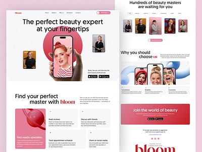 bloom - landing page concept app beauty beauty app beauty master brand branding design iphone landing landing page marketing page pink red ui woman