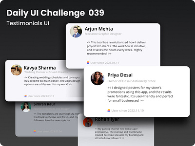 Challenge #039 - Testimonials UI | Daily UI carddesign cleandesign creativedesign dailyui designcommunity designinspiration dribbbleshowcase feedbackui minimaldesign modernui productdesign responsivedesign testimonialsui uichallenge uiux userexperience userinterfacedesign uxdesign visualdesign webdesign