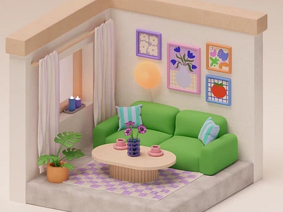 Dopamine design, colorful living room 3d animation blender cinema4d design diorama dopamine illustration isometric living room room