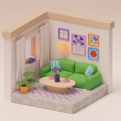 Dopamine design, colorful living room 3d animation blender cinema4d design diorama dopamine illustration isometric living room room