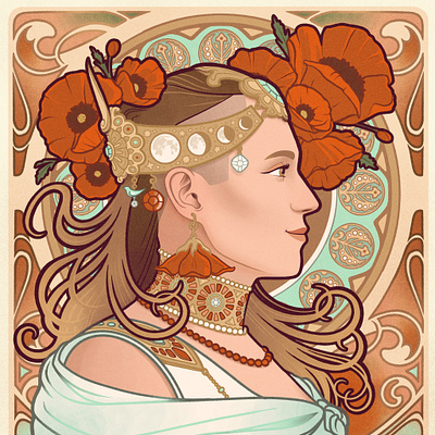 Me Nouveau - Mucha Self Portrait art nouveau digital art floral gold illustration mucha nature portrait procreate profile symmetry