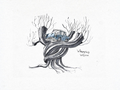 Whomping Willow aquarel chamber of secrets fineliner ford ford anglia hand drawn harry potter sketch water color whomping willow