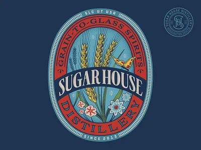 Sugar House alcohol branding crest design distillery gaslight ephemera graphic design illustration lettering line art logo monogram spirits t shirt typography