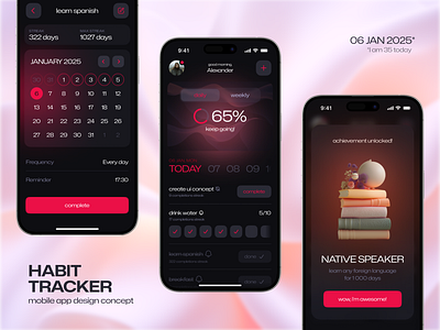 Habit tracker app concept design achievement app blur calendar daily dark mode design figma gradient habit interface minimalistic mobile motivation productivity tracker trend typography ui ux