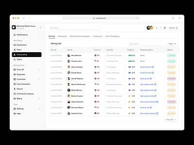 Worknest - Hire Onboarding cansaas cendidate clean dashboard design hire hire onboarding hr hr management interface minimalist onboarding product design saas table ui uiux ux web deisgn