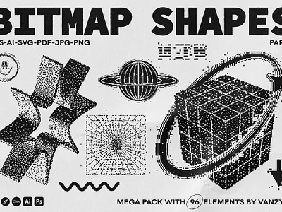 Bitmap Vector Shapes. Part 1 abstract bitmap black cosmos cube design digital element geometric geometric shapes graphic halftone keep exploring logo shapes pixel shape star textured transition vector