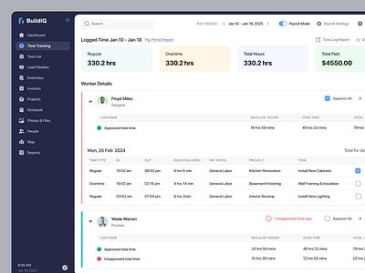 Time tracking_ Construction Management clean ui construction dashboard field job lead management minimal payroll payroll settings pipeline product design projects saas task time log time sheet time tracking ui design web webapp