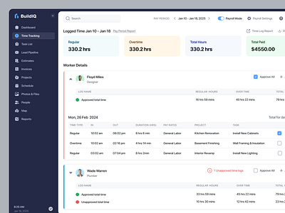 Time tracking_ Construction Management clean ui construction dashboard field job lead management minimal payroll payroll settings pipeline product design projects saas task time log time sheet time tracking ui design web webapp