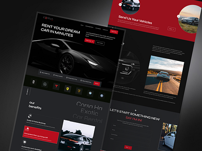 Exotic Car Rental Website Design carrentalwebsite contact us form creative and morden design cta section dark theme website darkthemeui header design hero section design our benefits services webdesigninspiration why choose us section