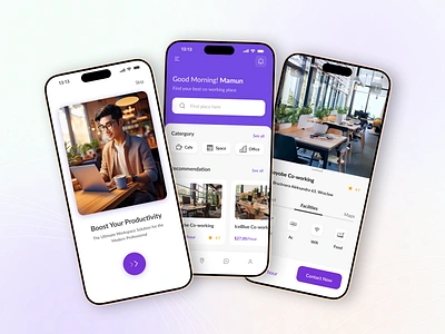 Modern Co-Working Space App UI Design – Boost Your Productivity aamamun branding coworkingspaceapp design fresh design mobile app design mobile app ui mobile ui mobileappdesign modernui productivityapp ui uidesign uiuxdesign workspacefinder