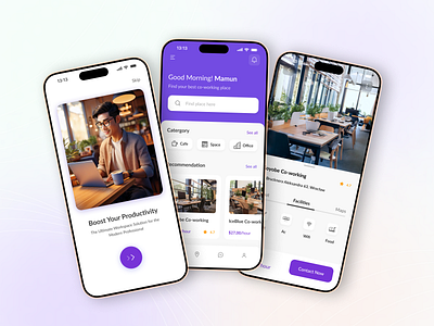 Modern Co-Working Space App UI Design – Boost Your Productivity aamamun branding coworkingspaceapp design fresh design mobile app design mobile app ui mobile ui mobileappdesign modernui productivityapp ui uidesign uiuxdesign workspacefinder