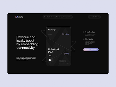 Shaka Landing Page Design ai animations clean communications dark theme esim landing page mobile mobile operator network phone sim simcard startup telecom telecommunications ui ux web design website