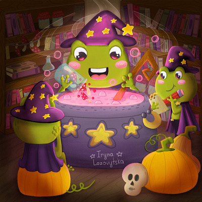 Frog Wizards Crafting a Magical Elixir 2d animal artt book cartoon character fantasy frog game illustration magic witch wizard