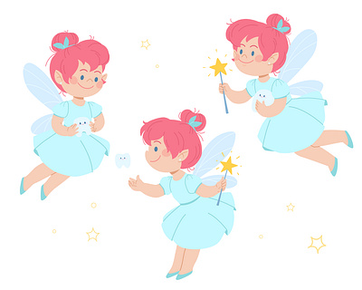 Tooth fairies adobe illustrator beauty cartoon character character design girl kids design magic magic wand oral care princess tale vector illustration wings