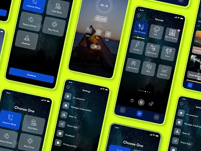Relax Melodies App Design android app design app interection dark app dark mood media meditation app mindset mobile app mood tracker products design relax relax app relax melodies app design sleep sleeping app track ui ux yoga app