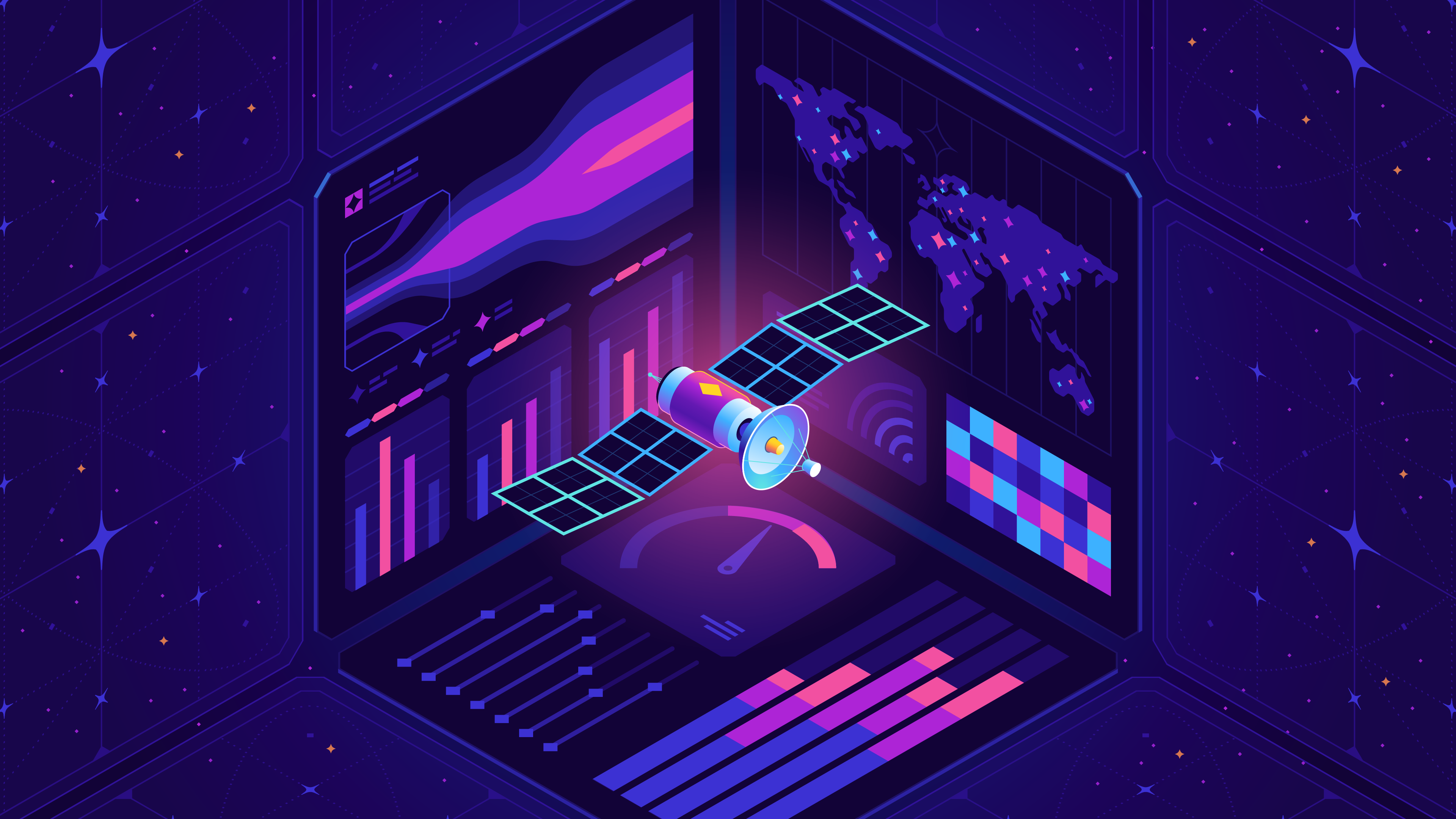 InfluxDB data illustration interface isometric rocket satellite space ui