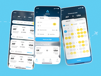 GOAirline - Flight Booking Mobile App airline design airline ticket booking app flight booking app flight search mobile app design mobile ui seat selection ticket booking travel app