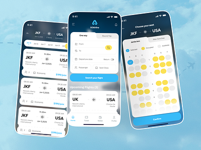 GOAirline - Flight Booking Mobile App airline design airline ticket booking app flight booking app flight search mobile app design mobile ui seat selection ticket booking travel app