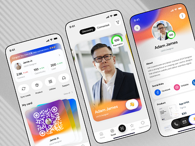 Modern E-Business Card - Mobile App Design connection management digital business card digital solutions e card design mobile app mobile app design networking app product design profile app qr code integration social engagement ui ux