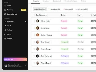 HR Interview SaaS software - sidebar reimagined ai ai assesment ai candidate score candidate list candidate profile candidate scoring candidates candidates saas software hr hr saas software list of candidates member scoring navigation product design recruitment saas software saas saas hr sidebar statuses table