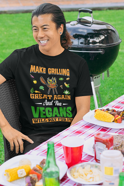 Humorous Barbecue T-Shirt: A Fun Jab at Vegans. active shirt amazonmerch bbqart bbqhumor branding clothing creativetypography custom t shirt funnyfooddesign graphic design grillmasters illustration logo design makegrillinggreatagain merch by amazon print on demand shirt t shirt design tshirt veganhumor