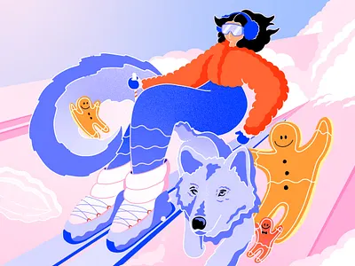 Editorial: winter magic vs. human impact on nature avalanche brightcolours colourful cookies digitalart editorial illustration gingerbreadman illustration skiing snowsport wintersport wolf women