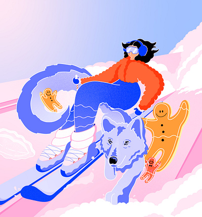 Editorial: winter magic vs. human impact on nature avalanche brightcolours colourful cookies digitalart editorial illustration gingerbreadman illustration skiing snowsport wintersport wolf women