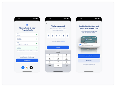 TravelWith - travel app onboarding flow app design clean design ios ios design login screen minimal mobile app modern onboarding otp ui ux verification screen welcome screen