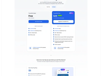 TravelWith - Pricing page clean minimal modern pricing pricing cards pricing page travel website ui ui design web design website design