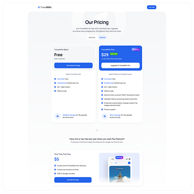 TravelWith - Pricing page clean minimal modern pricing pricing cards pricing page travel website ui ui design web design website design