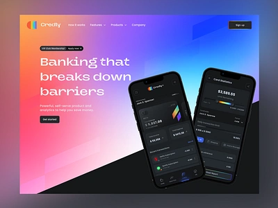 Fintech website - Credly banking banking app cards charts dark theme finance fintech landing fintech mobile app fintech startups fintech website hero section home page mobile banking mobile design mobile ui neumorphism pop transactions ui website design