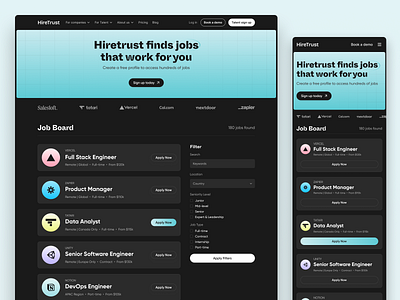 Job Board Page Design cleandesign darkmode dashboarddesign design designinspiration hiringplatform jobboard jobportal jobsearch landing landingpage madeinwebflow mobilefriendly modernui responsivedesign saas userexperience web design webflow website