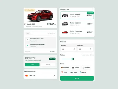 Taxita - Taxi Booking and Car Rental Mobile App - Components car rent cards components design system filter mobile app mobile app template pricing taxi ui design ui kit uiux design