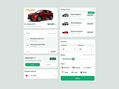 Taxita - Taxi Booking and Car Rental Mobile App - Components car rent cards components design system filter mobile app mobile app template pricing taxi ui design ui kit uiux design