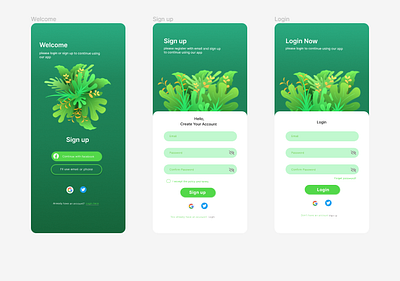 User Authentication UI Screens Design (Sign-up, log-in page) confirmation design ecofriendly facebook google green greenscreens icons log log in log sign screens page screens sign sign up twitter ui uidesign user authentication welcome