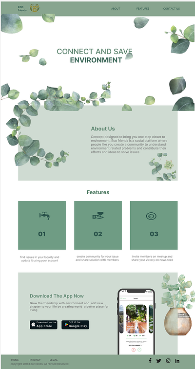 Eco Friendly Website Design aboutus community building contact eco friendly platform environment environmental awareness environmental solutions evergreen features green initiatives social platform sustainability ui uidesign