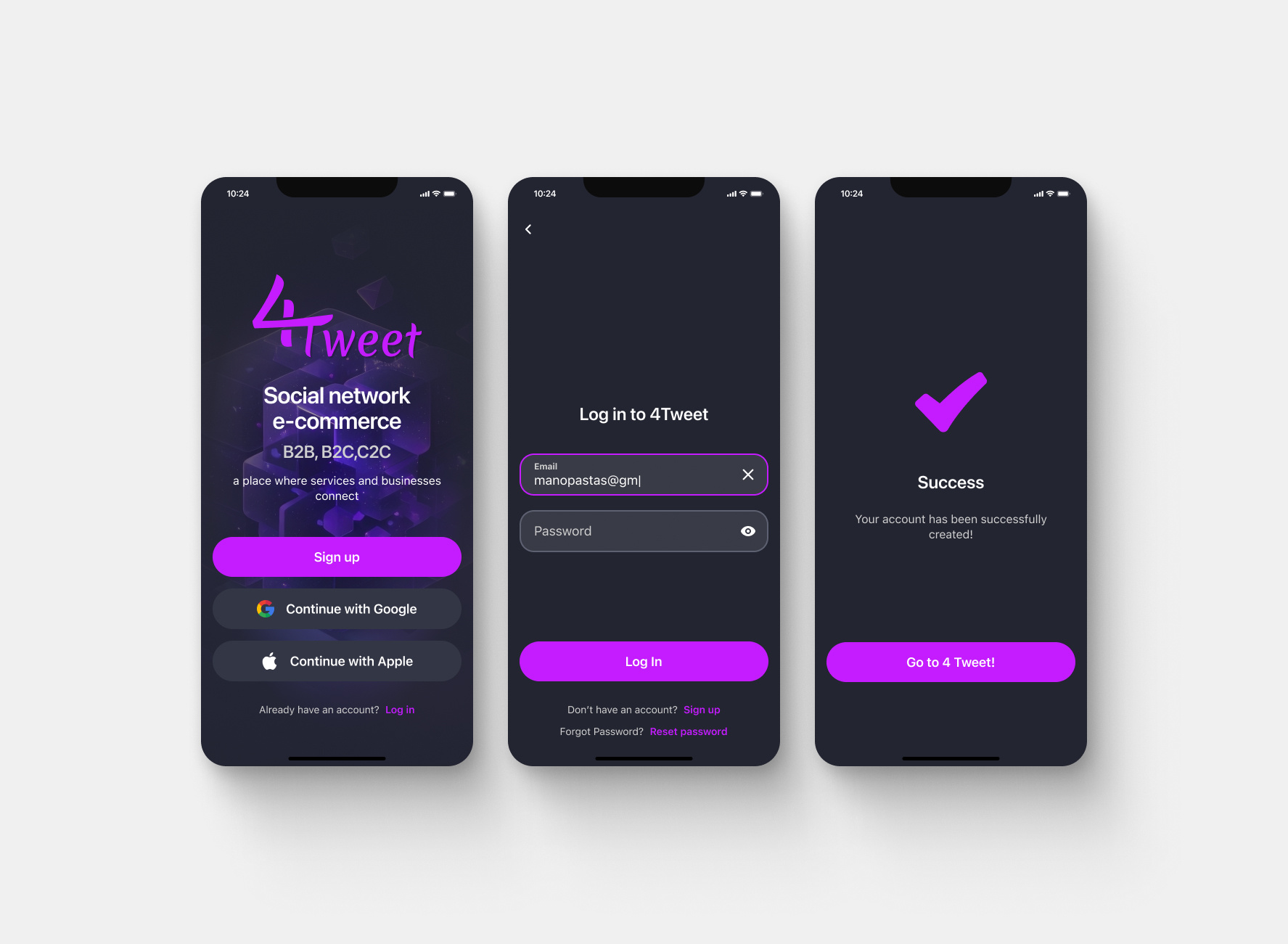 4Tweet - Sign Up & Log In Screens UI Design app app design app landing login marketplace mobile aplication mobile screens sign up social network ui ux