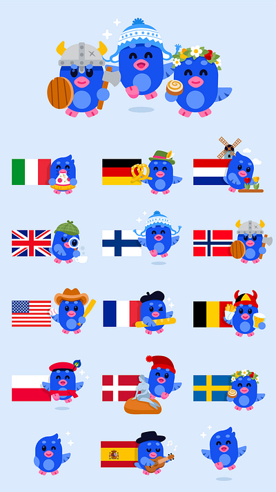 Divly flag icons animal bird branding cartoon character cute design digital europe flags flat funny germany illustration italy kawaii logo mascot pizza vector