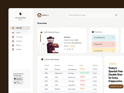 Barista Dashboard app backend barista branding cafe coffee coworking crm customers design ecommerce illustration management minimal orders pos sale starbucks ui ux