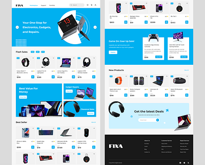 Electronics E-commerce Website blue design ecommerce electronics gadgets gamer gaming headphones homepage iphone landing page laptops phones ui uiux website