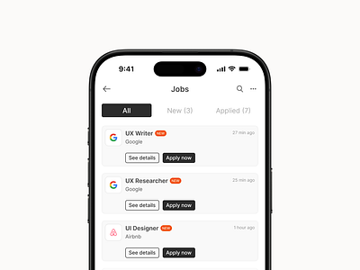 Daily UI #050 - Job listing app apply challenge clean daily dailyui dailyui050 dailyui50 design interface job job listing joblisting jobs list mobile tabs ui ux